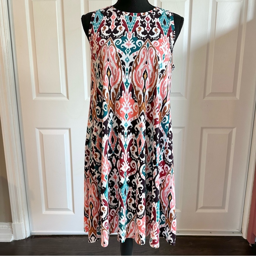 LOFT Outlet Damask Coral and Teal Sleeveless Swing Dress